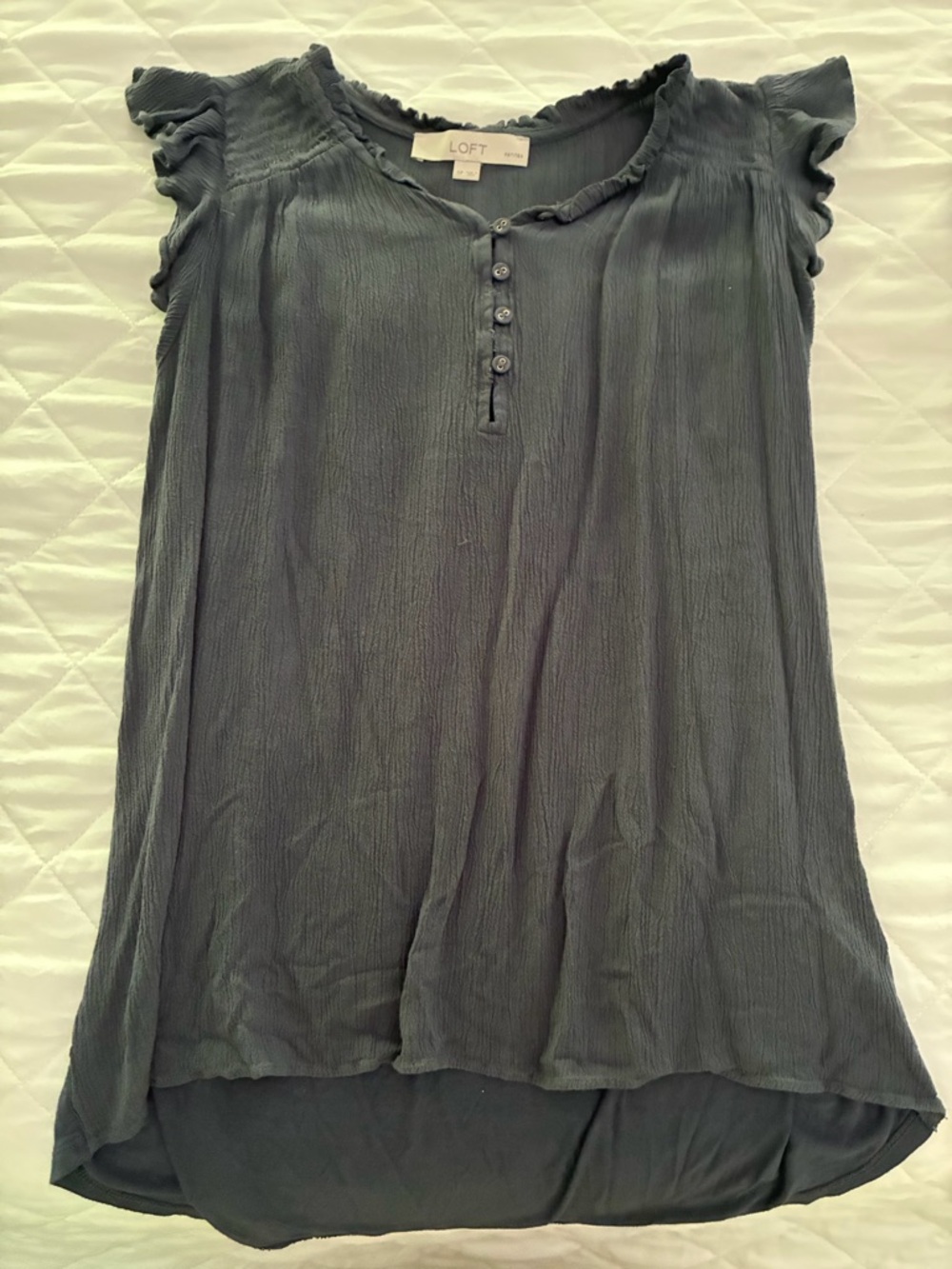 LOFT Gray Ruffle Cap-Sleeve Henley Top